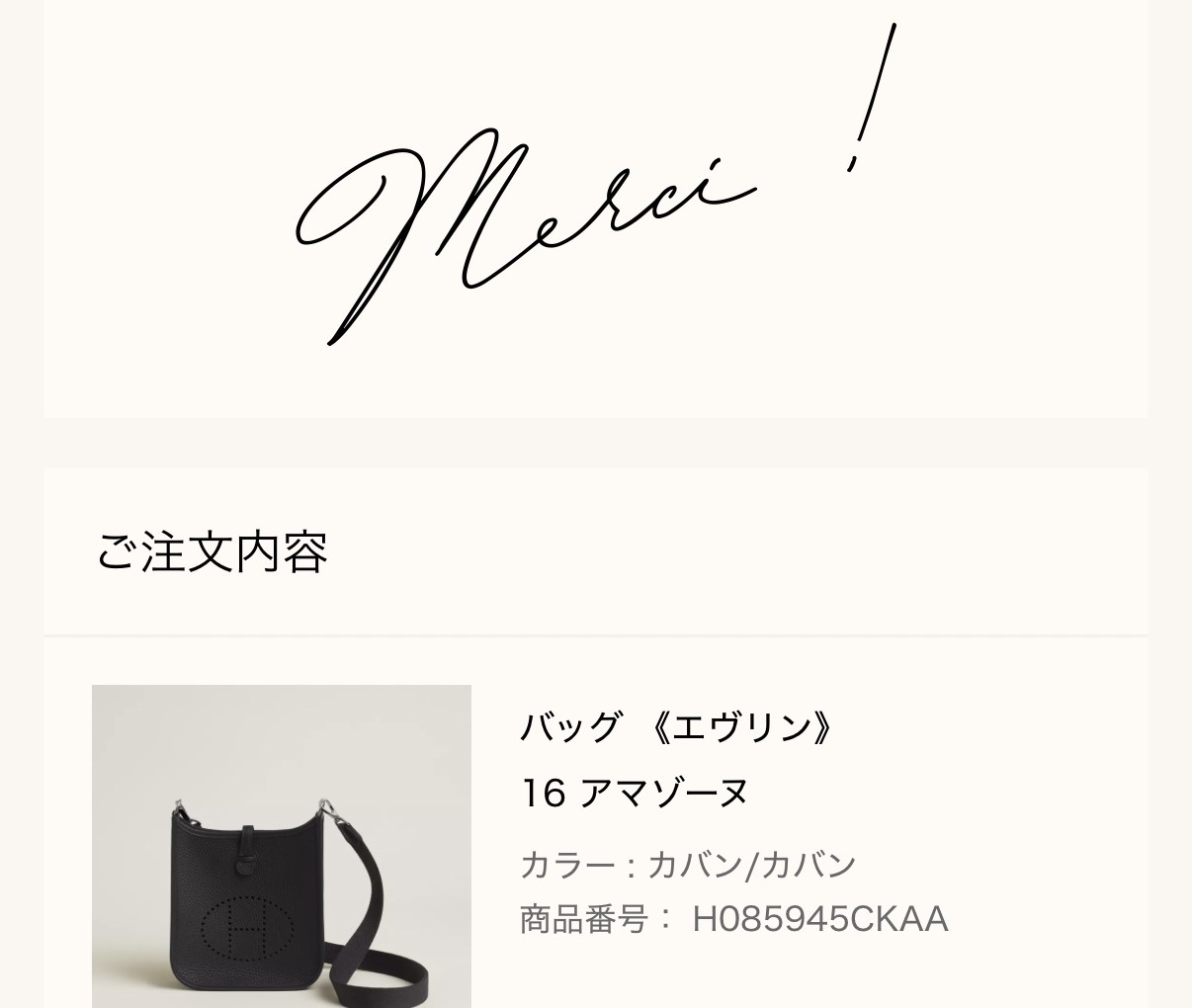 バッグ《エヴリン》16 アマゾーヌのご購入報告（エルメス公式オンラインストアの注文完了画面）