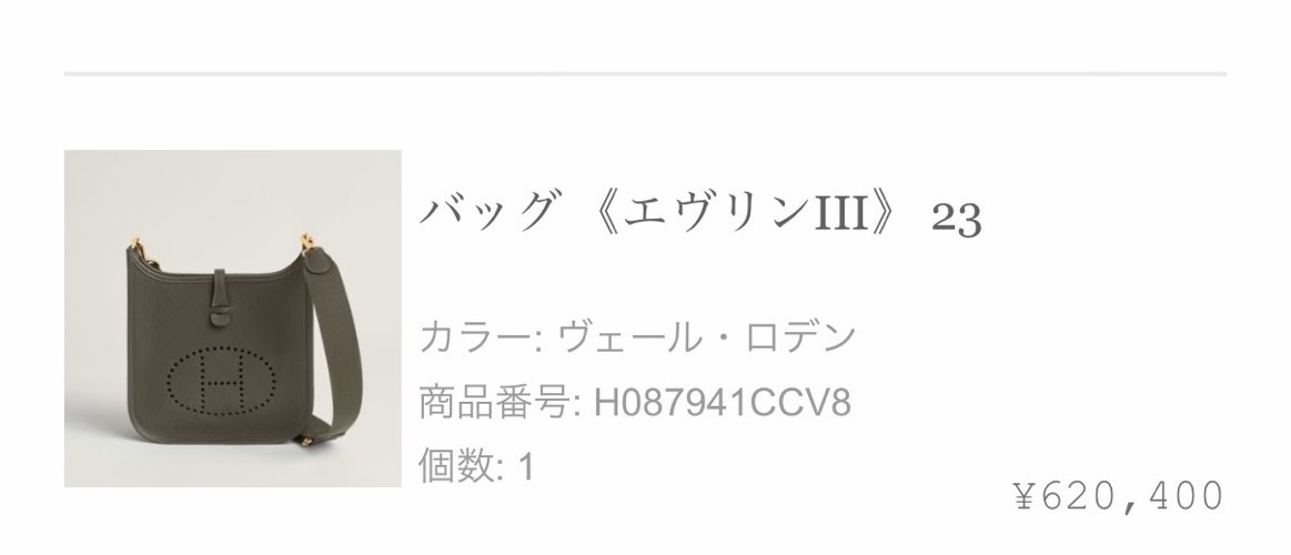 エルメス公式オンラインストアのご注文確認メール: バッグ《エヴリンIII》23（カラー ヴェール・ロデン、商品番号 H087941CCV8、数量1、¥620,400）
